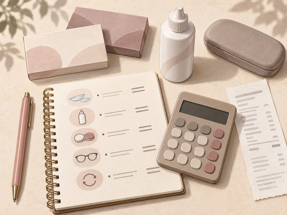 Illustration of a calculator, lens boxes, care supplies and a receipt for planning contact lens costs.