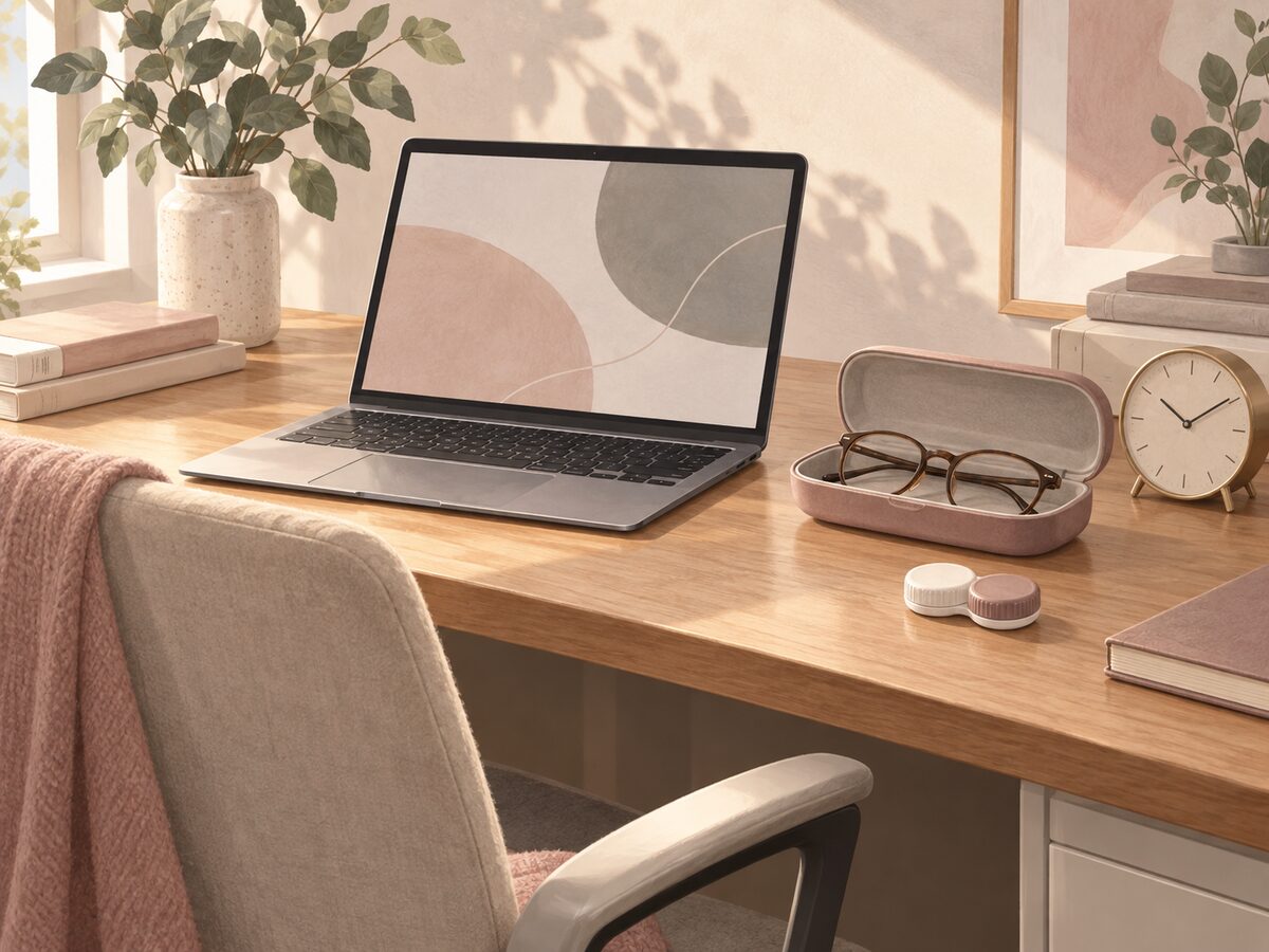 Illustration of a screen-break setup with a laptop, glasses, clock and closed lens case.