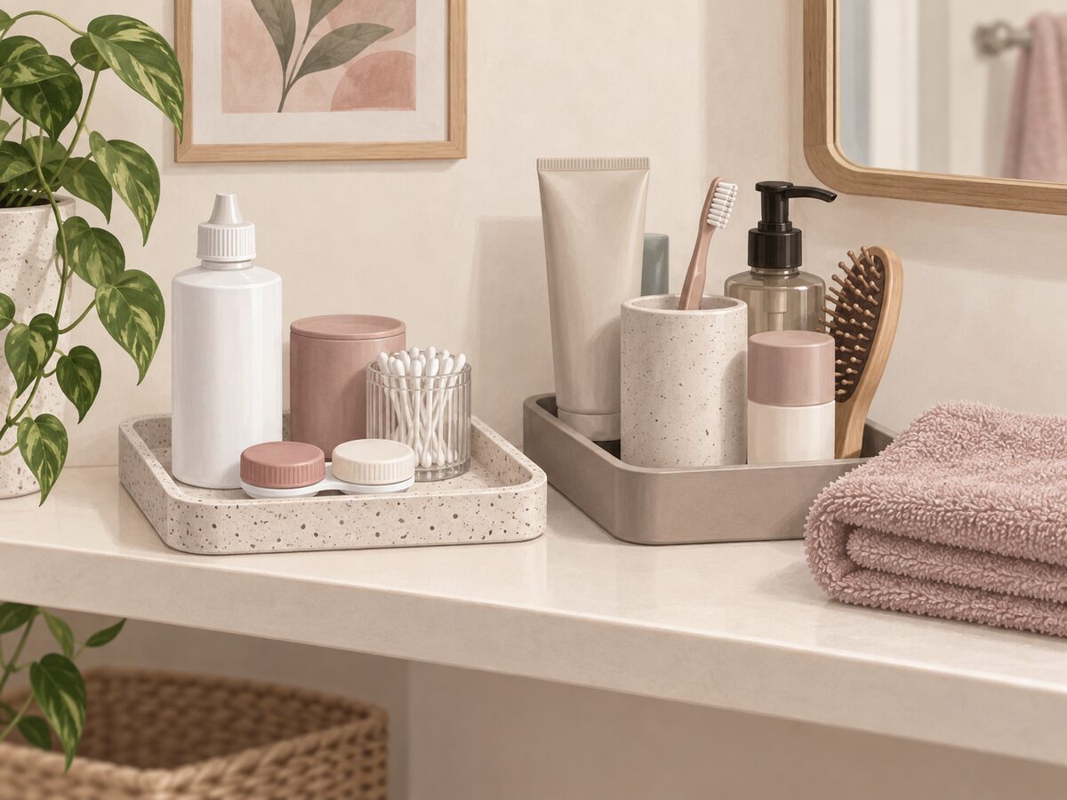 Illustration of separate personal lens-care supplies on a dry shelf in a shared bathroom.