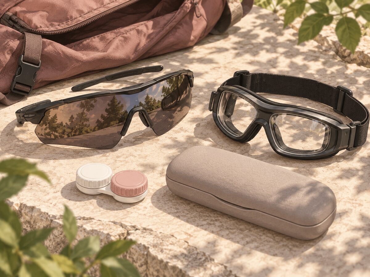 Illustration of sunglasses and sports goggles packed separately from a contact lens case.