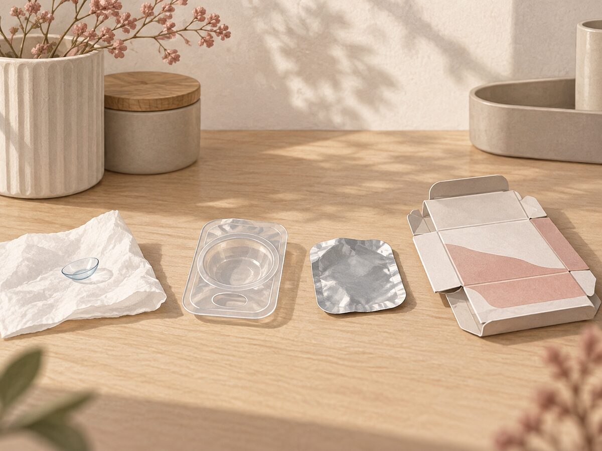 Illustration of a used lens, plastic blister, foil lid and paper carton separated for disposal.