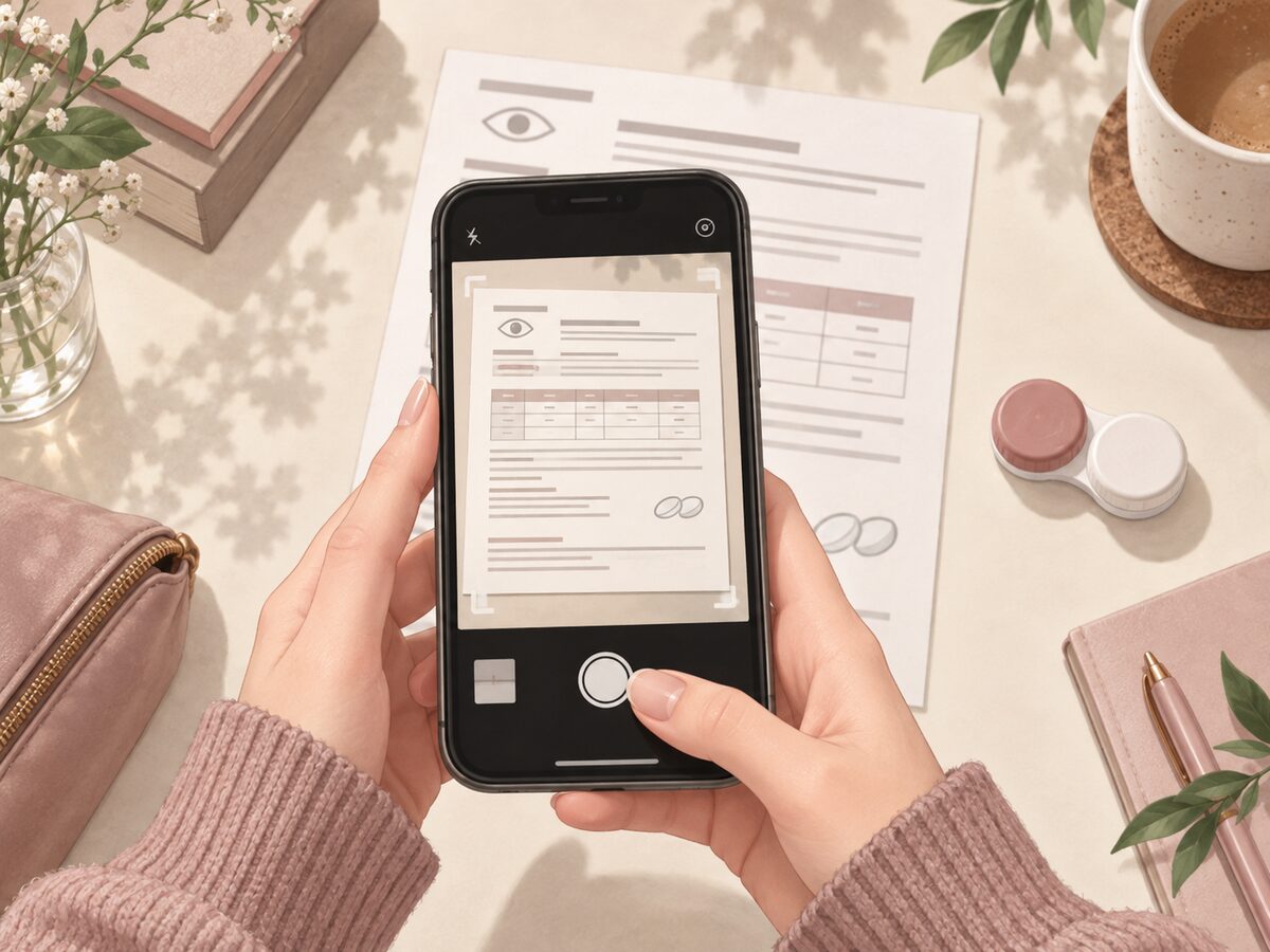 Illustration of a phone framing a complete contact lens prescription beside a closed lens case.