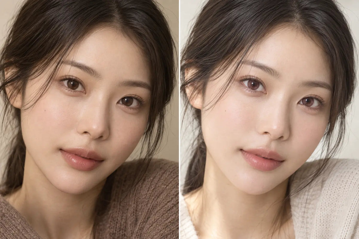 Pink-brown colored contacts on deep brown eyes in indoor and brighter window light