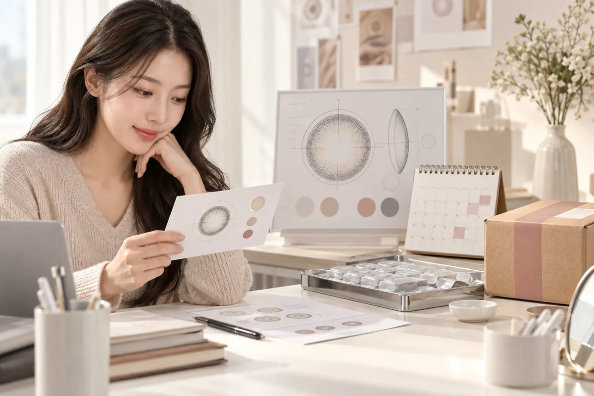 Korean woman reviewing the production stages for custom colored toric contacts