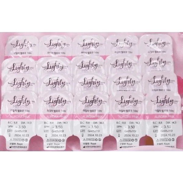 LensTown Lighly Mellow Pink (20p) — contact lens product information graphic