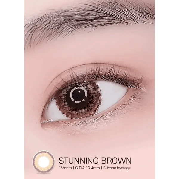 LensRang Stunning Brown — single-eye close-up showing the contact lens appearance
