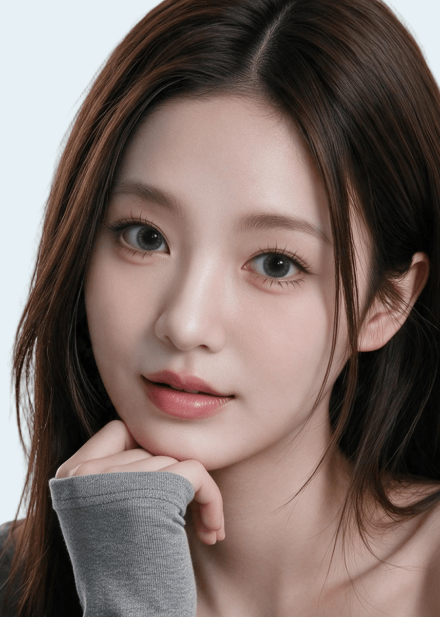 Clalen Iris Haze Gray Monthly 13.8mm — model portrait showing the contact lens look