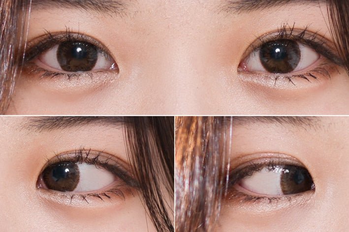 LensVery Jenny Brown colored contacts - on-eye and design reference collage