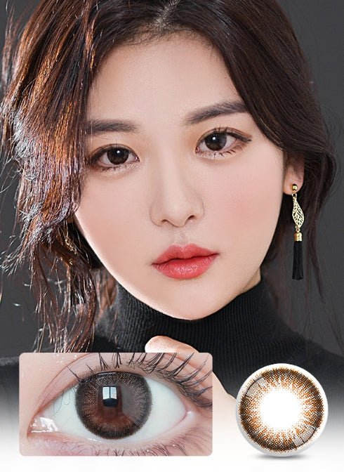 LensVery Jenny Brown colored contacts - model wearing the lenses with on-eye and lens-pattern detail