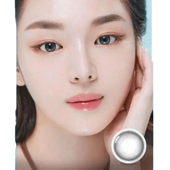 Olens Eyelighter Glowy Ash Gray — model portrait showing the contact lens look