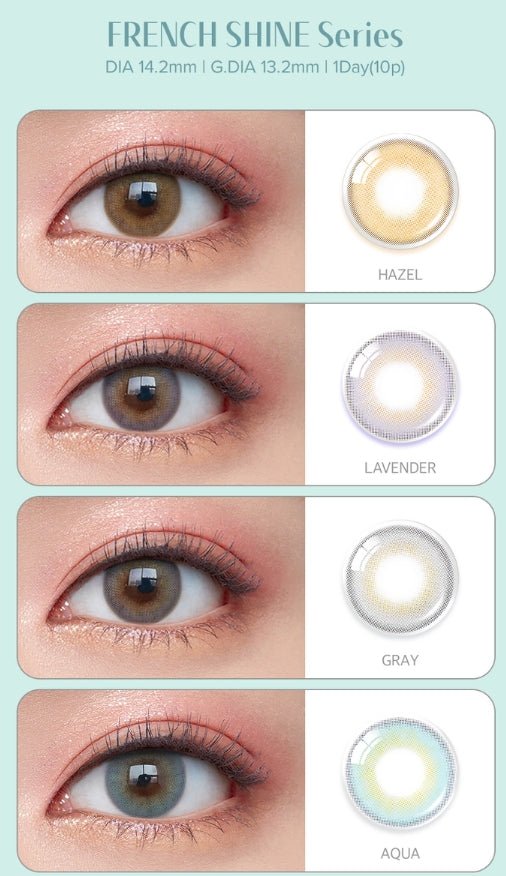 Olens French Shine 1Day Aqua (10p) colored contact lens, 13.2mm graphic diameter, Daily wear