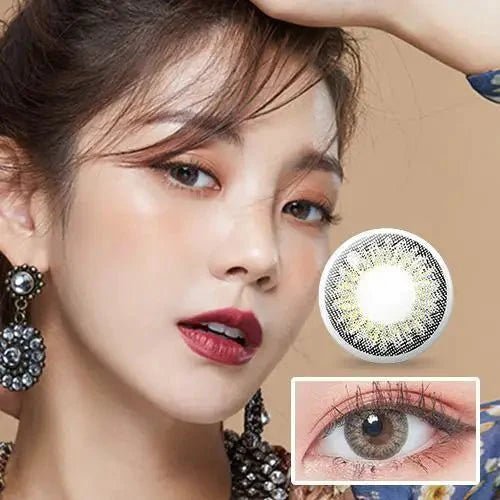 LensTown Back to Basic July Gray — model portrait showing the contact lens look