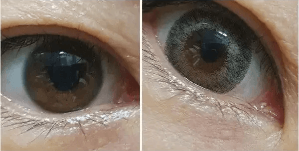 LensTown Back to Basic July Gray — both eyes wearing the contact lenses