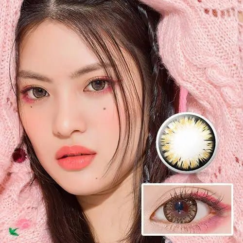 LensTown Back to Basic Macaron Brown — model portrait showing the contact lens look