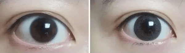 Olens Bigsome Gray — both eyes wearing the contact lenses