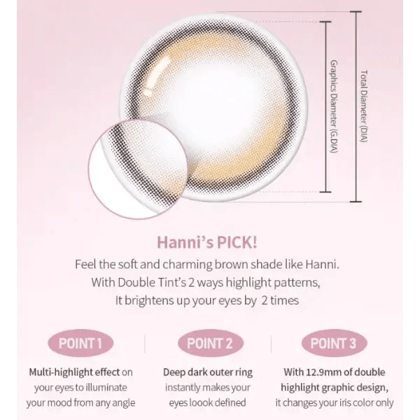 Olens Double Tint Brown colored contact lens, 12.9mm graphic diameter, Monthly wear
