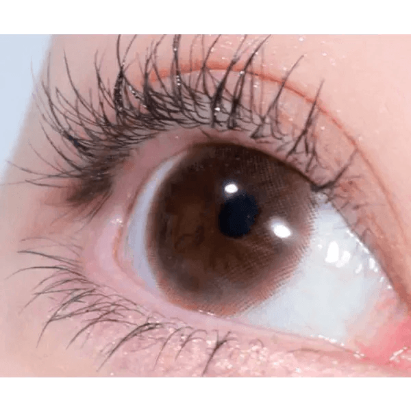 Olens Falling Brown — single-eye close-up showing the contact lens appearance