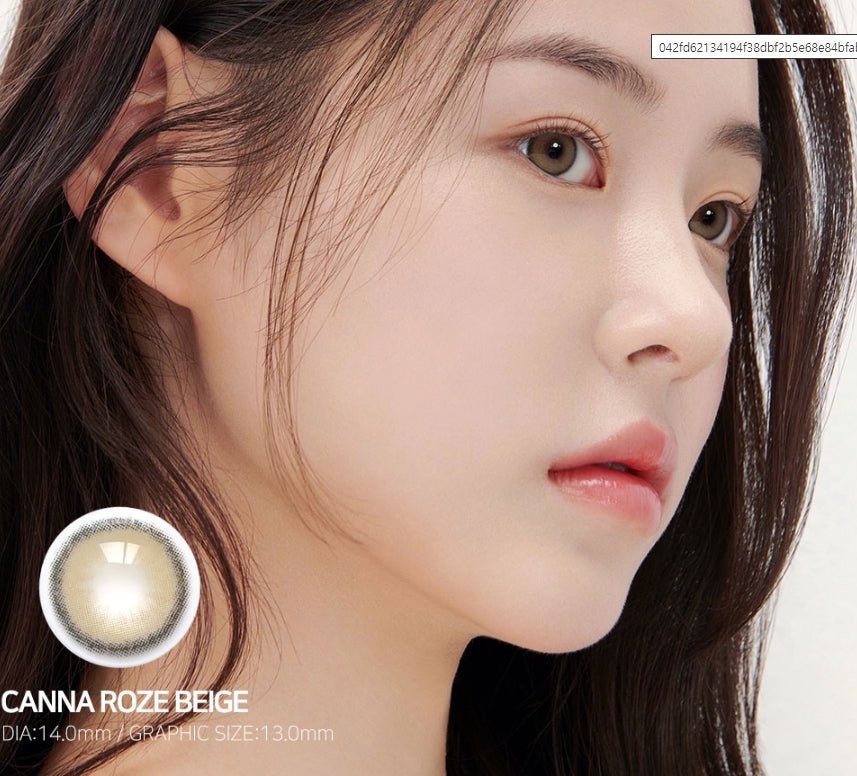 i-DOL Canna Roze Beige Brown — model portrait showing the contact lens look