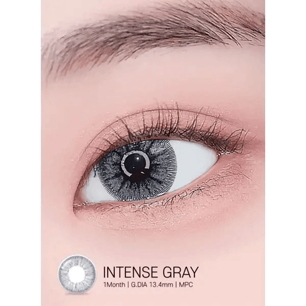 LensRang Intense Gray — single-eye close-up showing the contact lens appearance