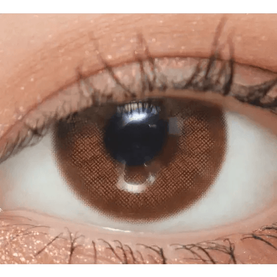 LensTown Kakao Friends Apeach Brown — single-eye close-up showing the contact lens appearance