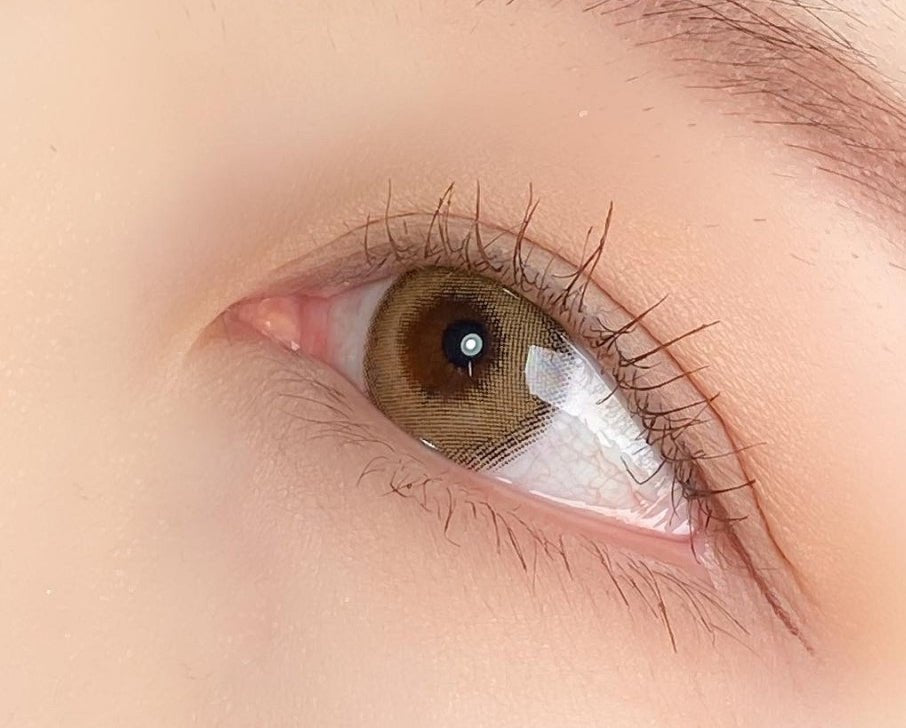 LensRang Comely Brown — single-eye close-up showing the contact lens appearance