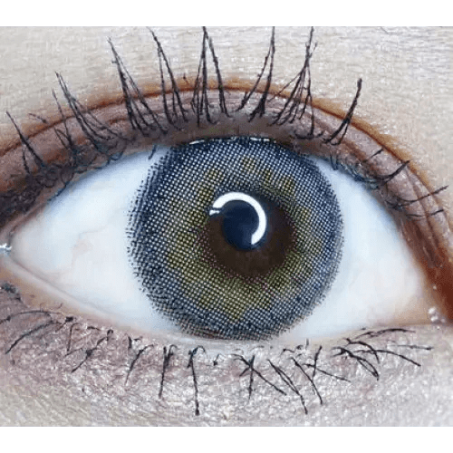 LensVery Silhouette1 Gray — single-eye close-up showing the contact lens appearance