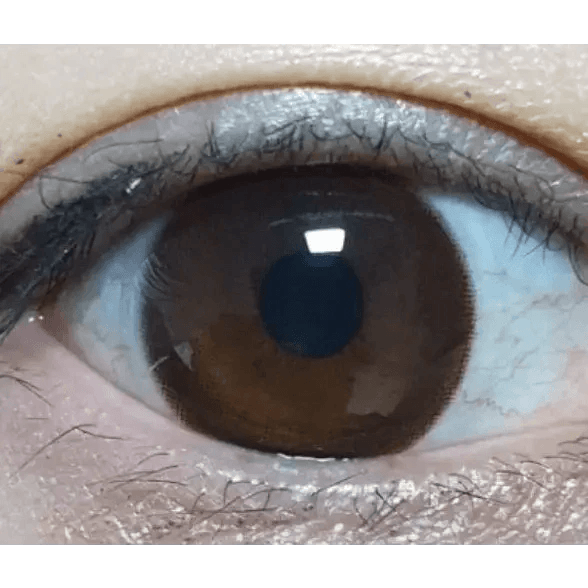 Olens It's Choco — single-eye close-up showing the contact lens appearance
