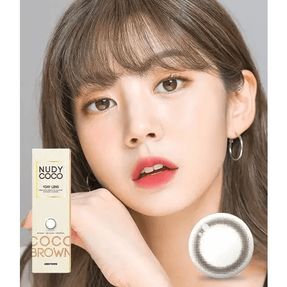LensTown Nudy Coco Brown (10p) — model portrait showing the contact lens look