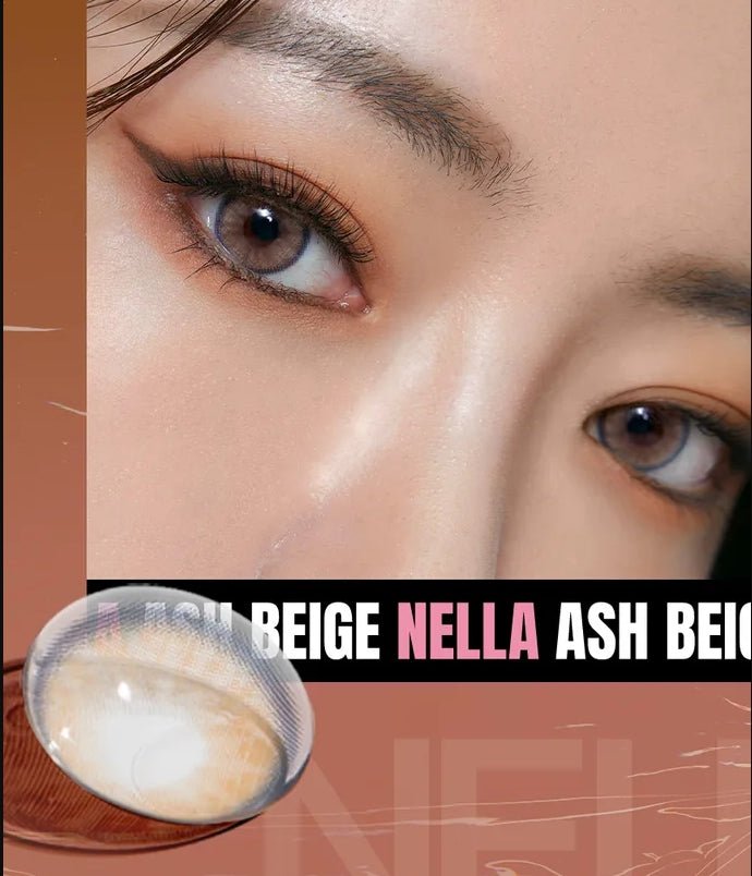 Olens Nella Ash Beige colored contact lens, 13.3mm graphic diameter, Monthly wear