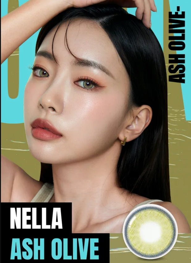 Olens Nella Ash Olive colored contact lens, 13.3mm graphic diameter, Monthly wear