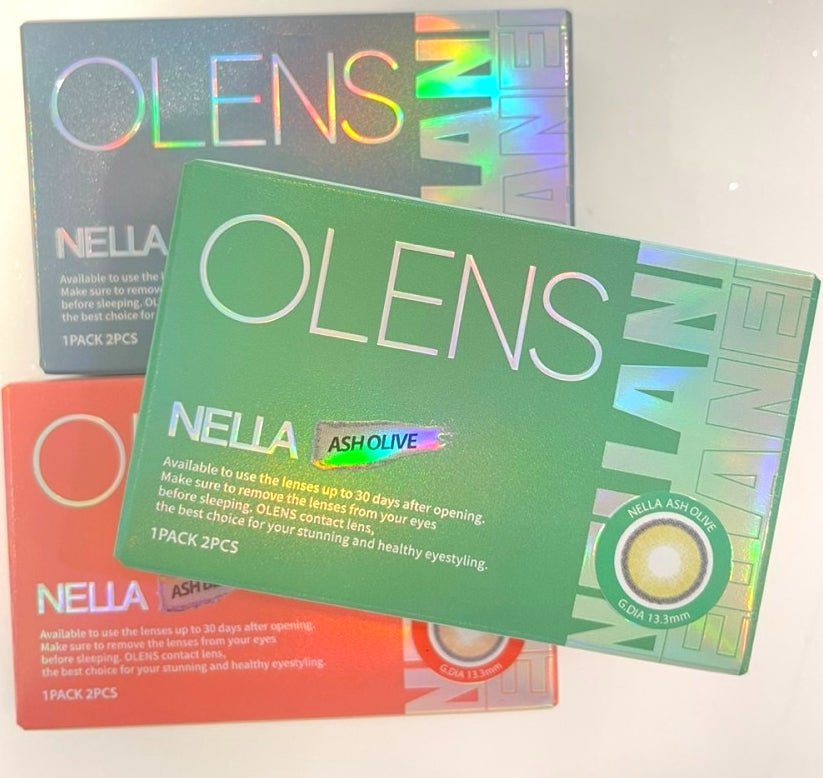 Olens Nella Ash Olive colored contact lens, 13.3mm graphic diameter, Monthly wear