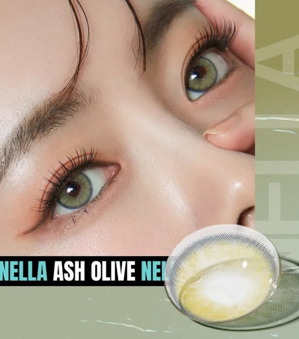 Olens Nella Ash Olive colored contact lens, 13.3mm graphic diameter, Monthly wear