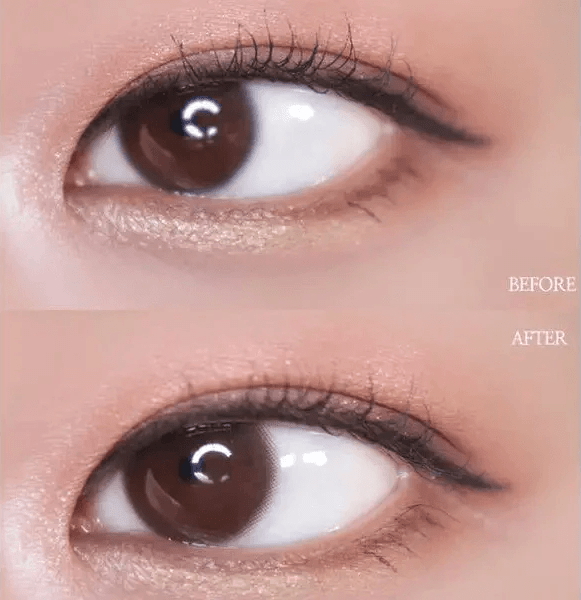 Olens Shining Pure Brown — single-eye close-up showing the contact lens appearance