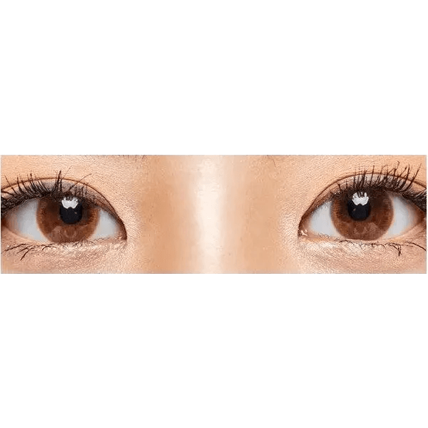 Olens Spring Rain Brown — both eyes wearing the contact lenses