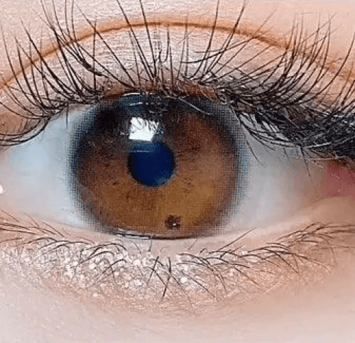 Olens Stay Black — single-eye close-up showing the contact lens appearance