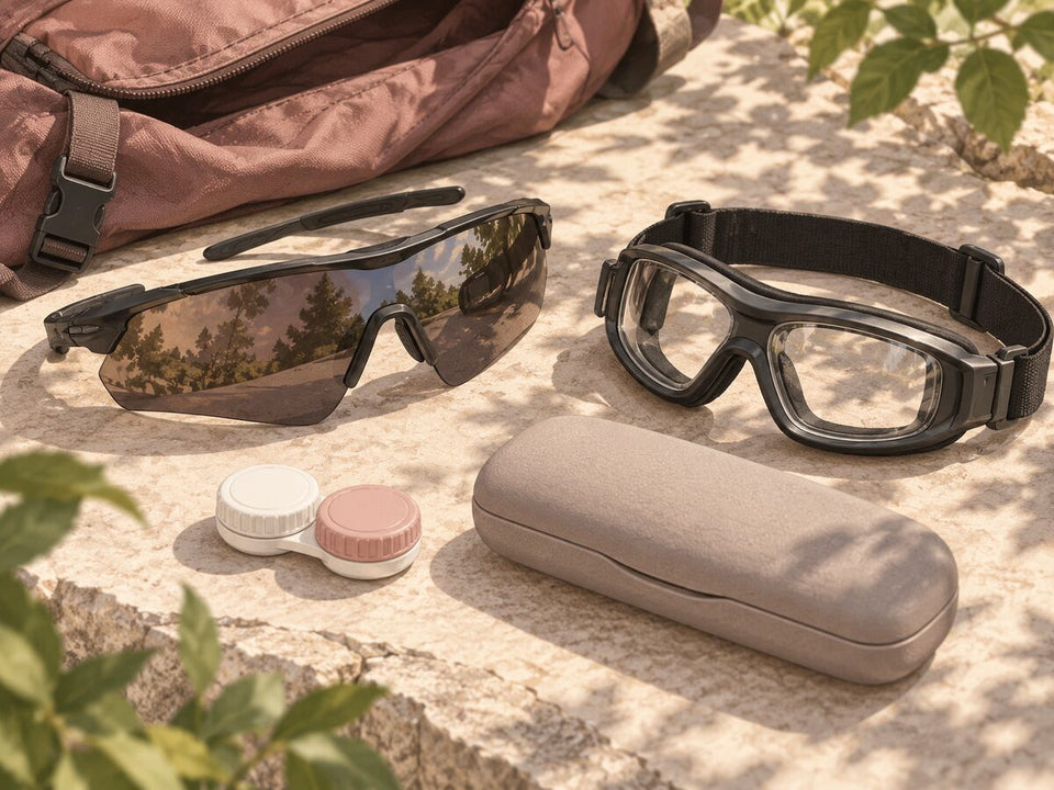 Illustration of sunglasses and sports goggles packed separately from a contact lens case.