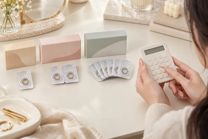 One-lens, two-lens and multi-blister colored contact boxes compared with a calculator