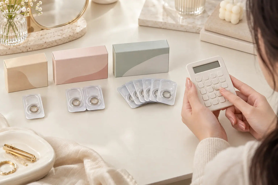 One-lens, two-lens and multi-blister colored contact boxes compared with a calculator