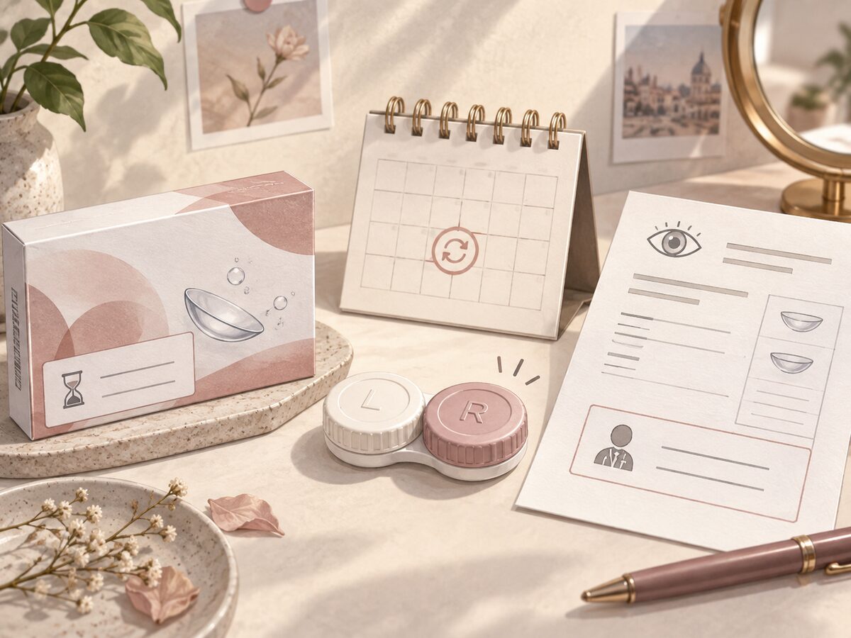 Illustration of a lens package, calendar, lens case and prescription representing three separate date records.