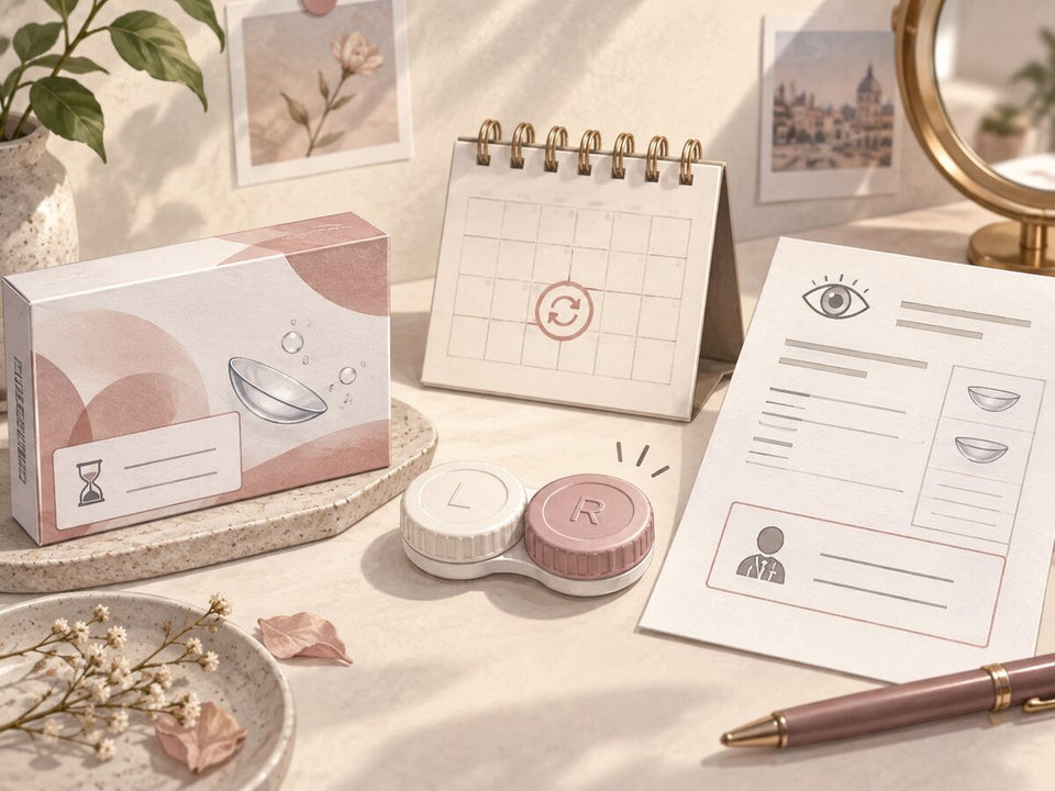 Illustration of a lens package, calendar, lens case and prescription representing three separate date records.