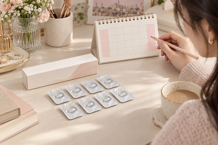 Daily colored contact lens blisters arranged beside a weekend planning calendar