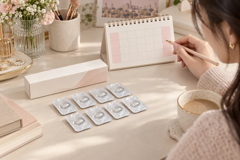 Daily colored contact lens blisters arranged beside a weekend planning calendar