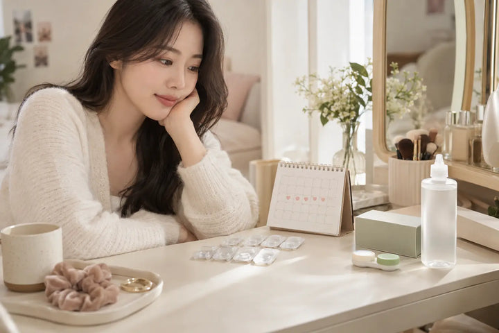 Korean woman comparing daily blister packs with a monthly colored toric lens routine