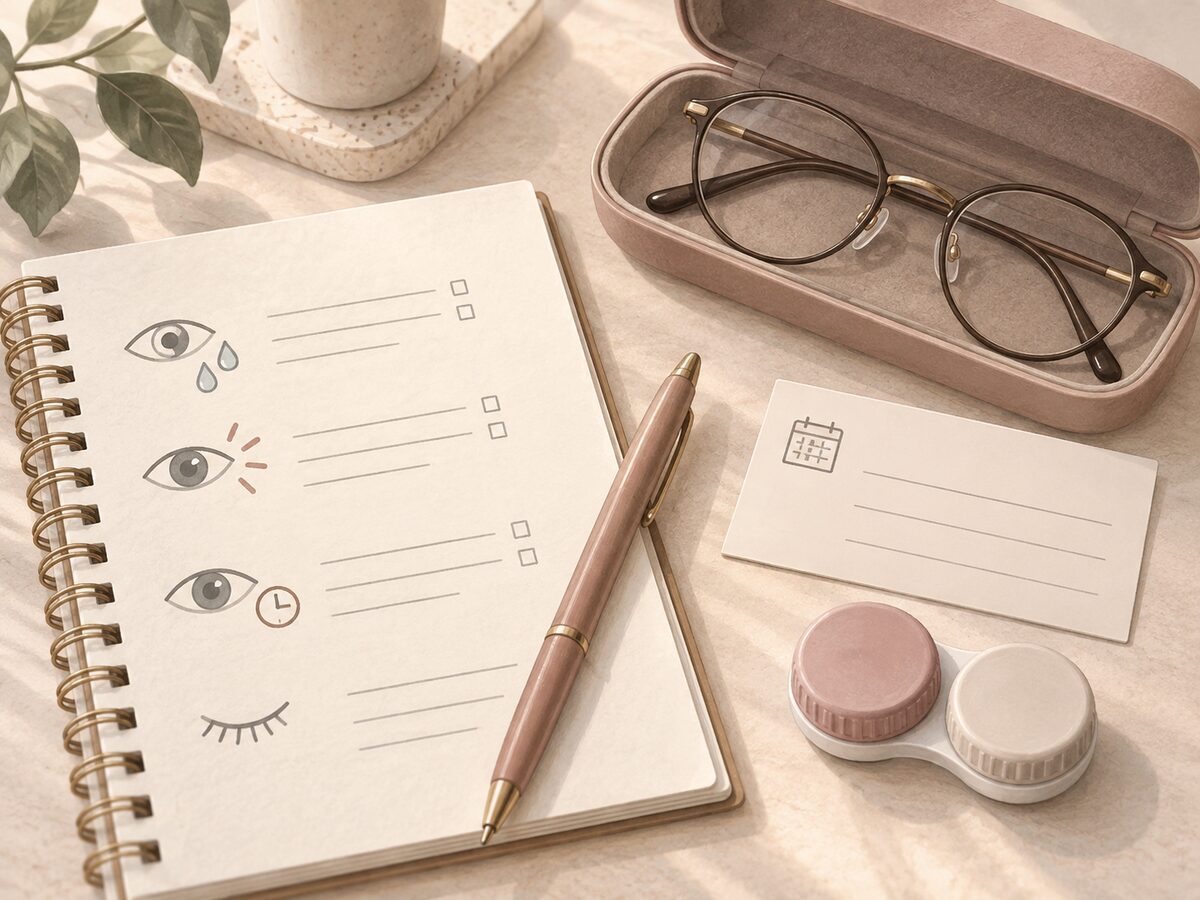 Illustration of appointment notes, glasses and a lens case prepared for an eye-care visit.