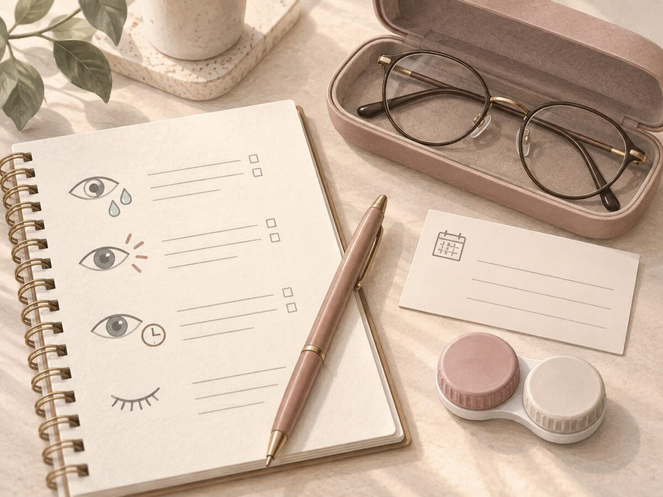 Illustration of appointment notes, glasses and a lens case prepared for an eye-care visit.