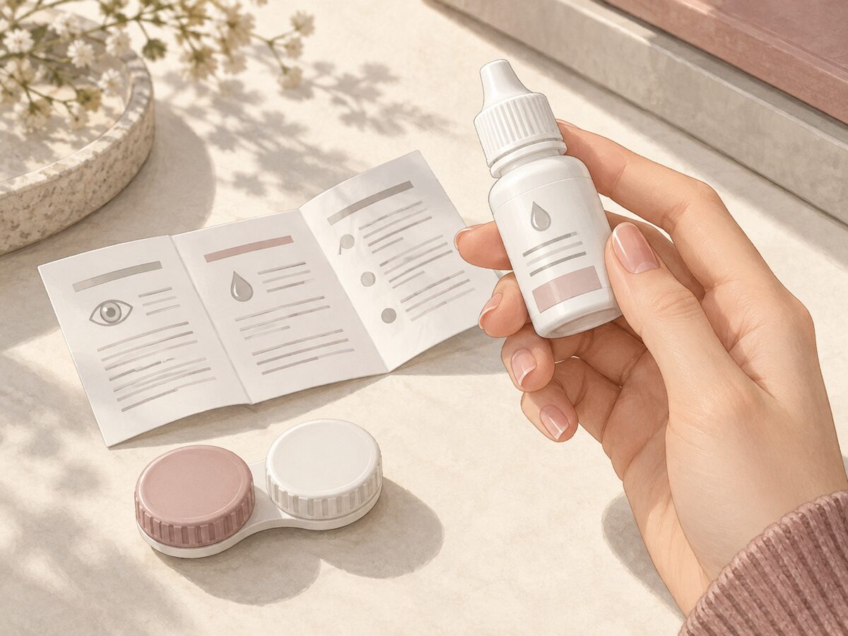 Illustration of reading an eye-drop bottle label beside its instructions and a closed lens case.