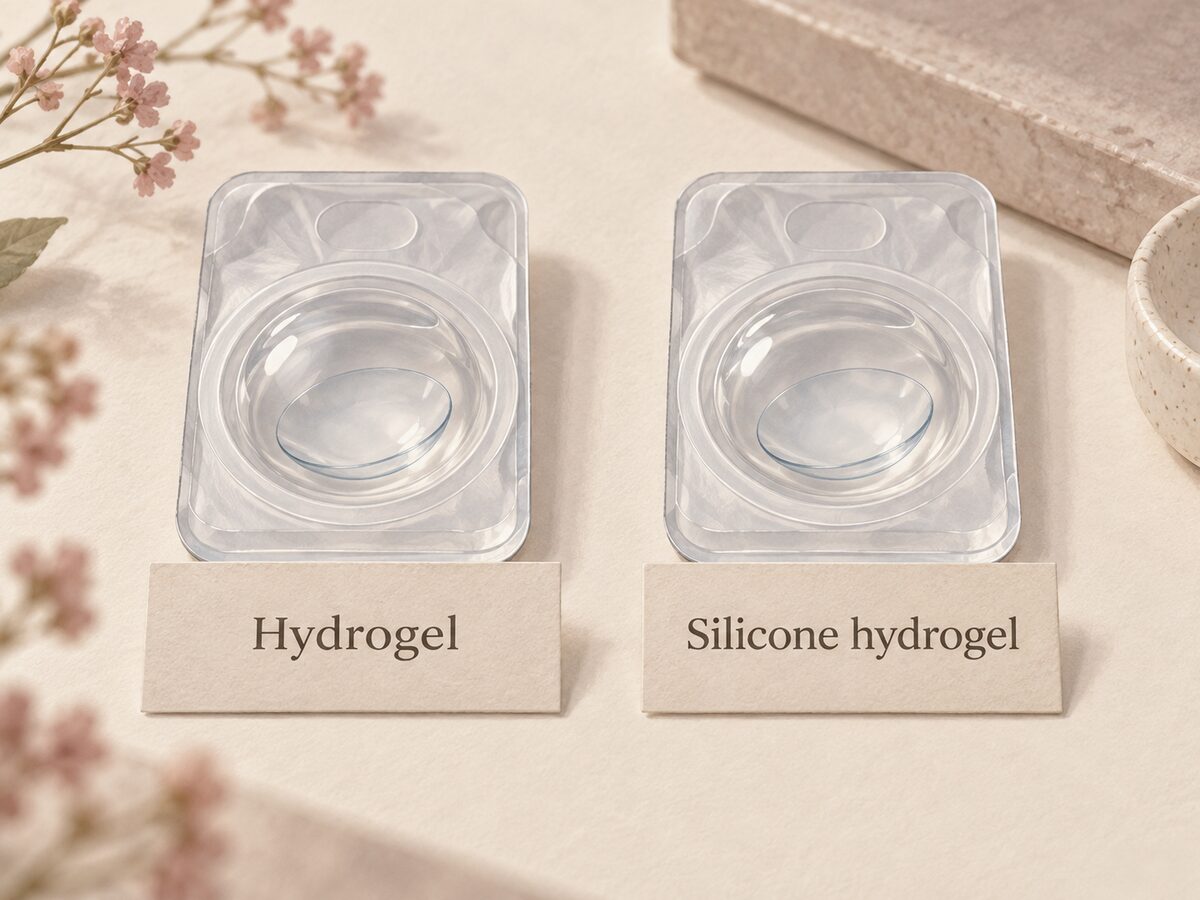 Illustration of similar-looking lens packs labeled Hydrogel and Silicone hydrogel.