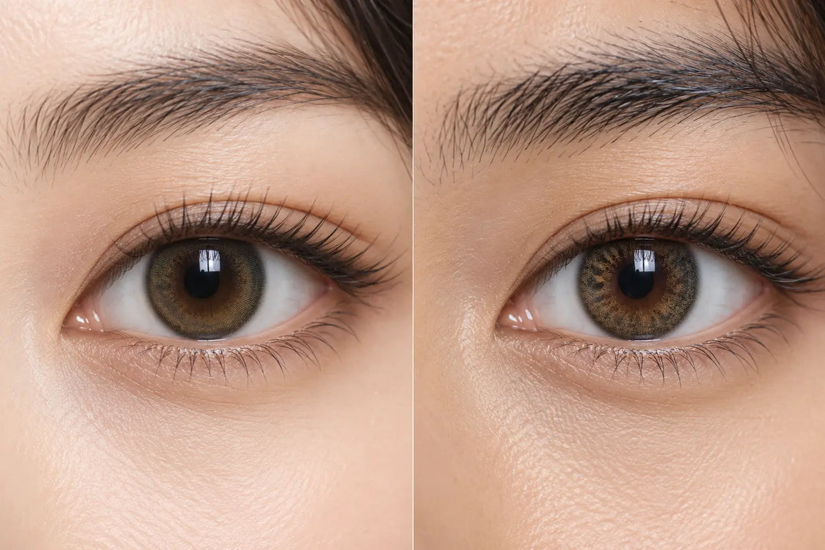 The same hazel-brown contact design blending differently with two dark iris patterns
