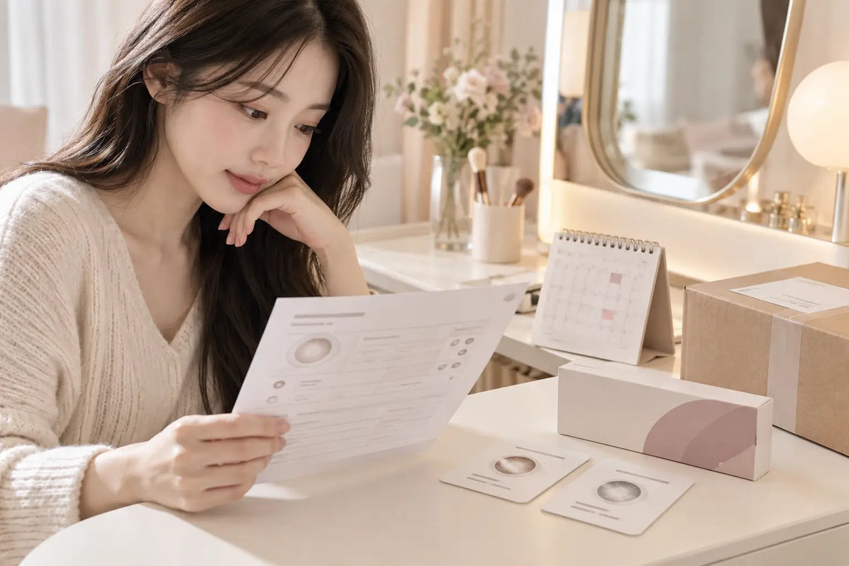Korean woman reviewing a made-to-order colored toric lens checklist and delivery calendar