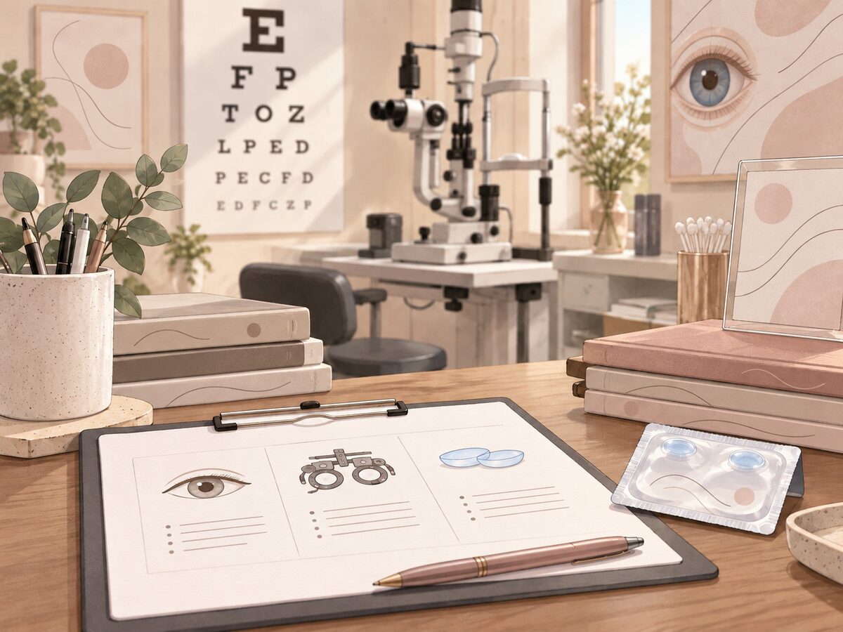 Illustration of an eye-care consultation room with an eye chart, examination instrument and trial lens packet.
